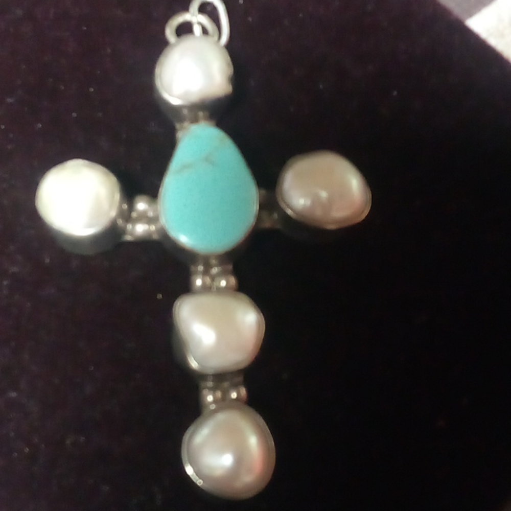 LOST? OR?Sterling pearl cross , turquoise stone Mexico 925